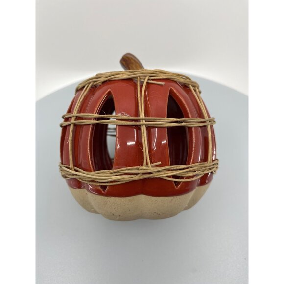 Ceramic Pumpkin Candle Holder With Rustic Wicker Detailing - Picture 6 of 13
